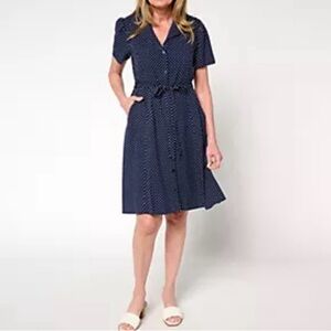 New QVC Me by Jennie Garth Navy Blue Dottie Printed Dress / Medium Petite